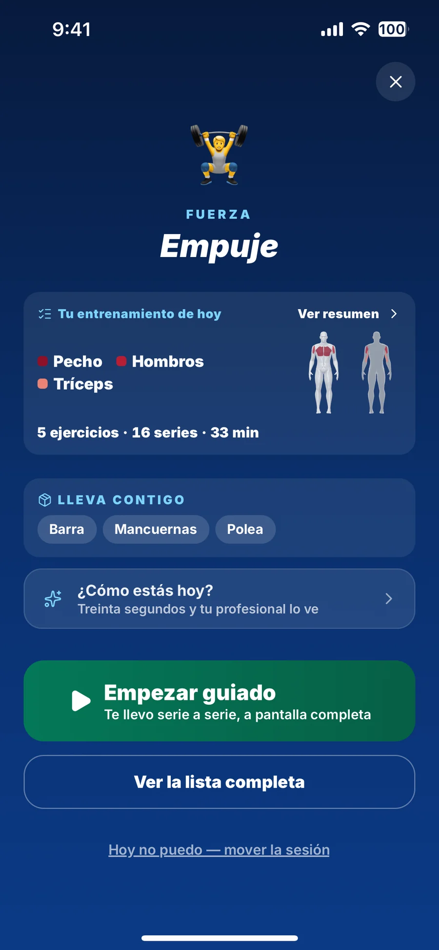 El entreno de hoy en la app del atleta: una sesión de fuerza de empuje con los músculos que trabaja, cinco ejercicios, dieciséis series, el material que necesita y el botón para empezarla guiada serie a serie