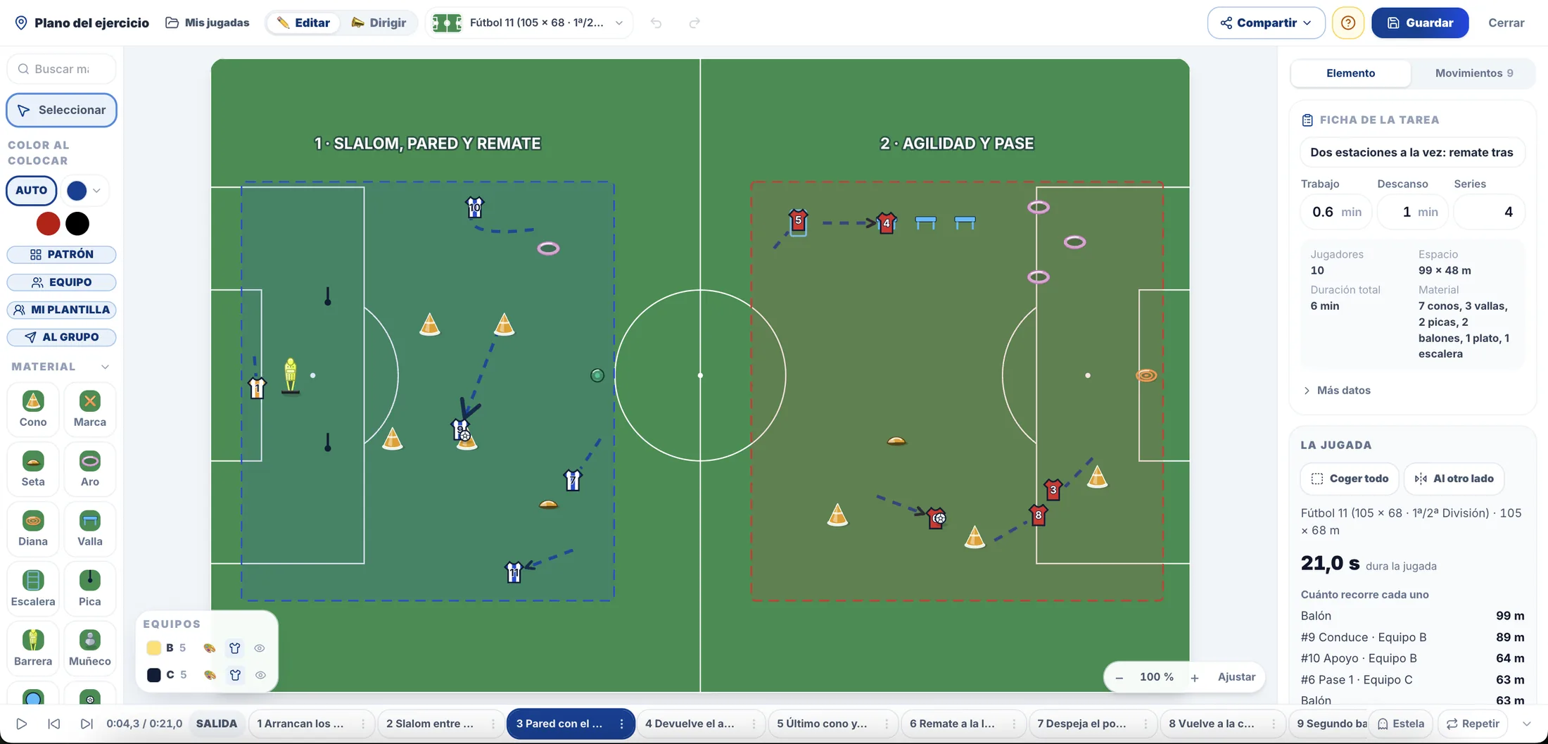 La pizarra táctica de Mithox: un campo de fútbol con dos estaciones, los jugadores, los conos y las flechas de cada movimiento, y la ficha de la tarea al lado